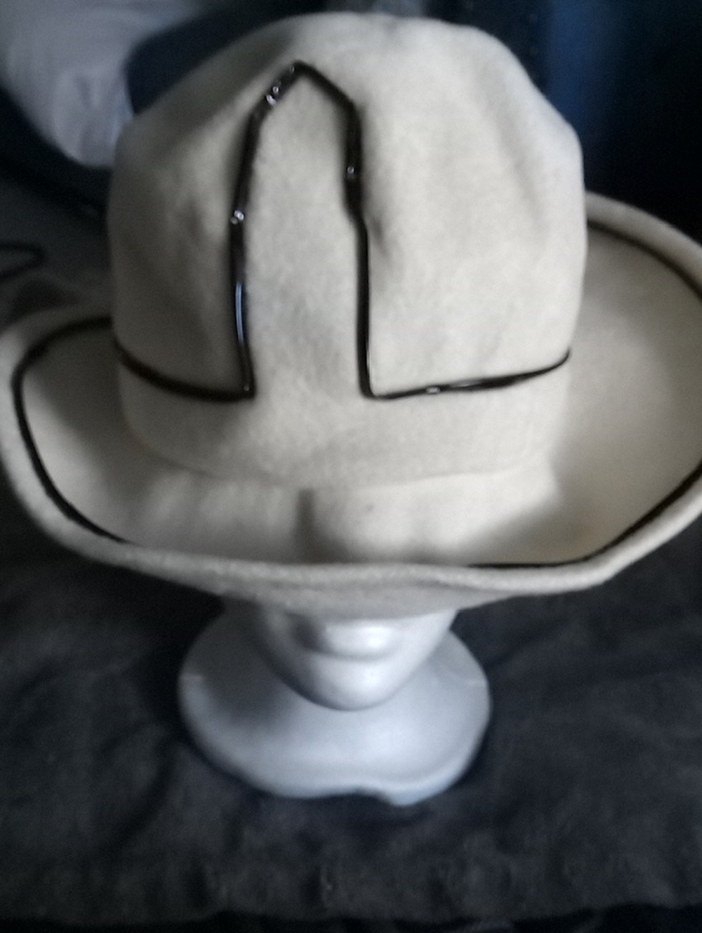 Cream Western-Style Felt Hat with Black Trim - Women See Pics For Fabric Missing